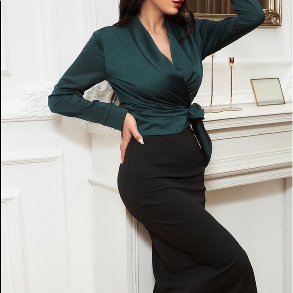 Elegant Open Front Shawl Collar Wrap Self Tie Satin Top Blouse Shirt - Picture 16 of 17